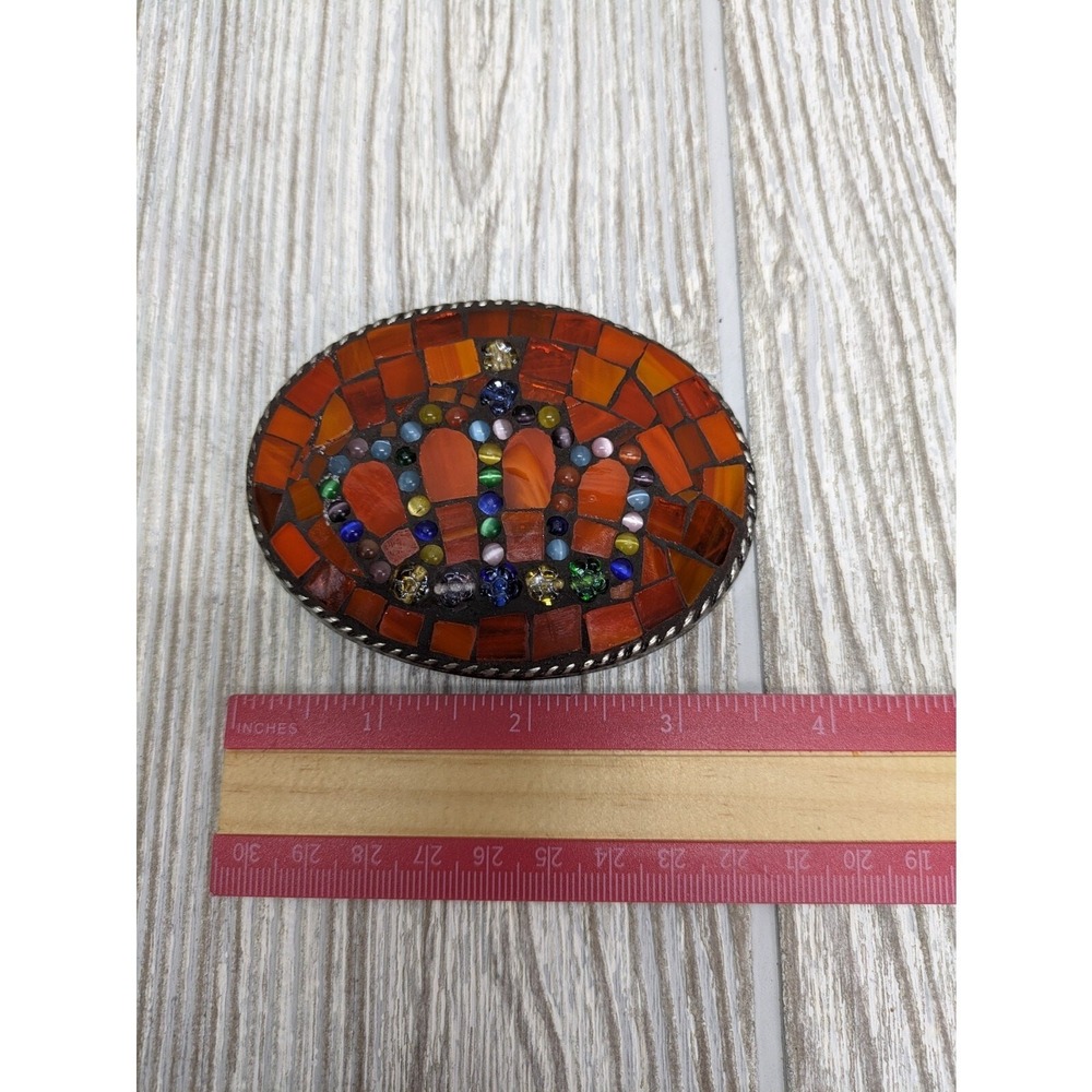 Vintage Mosaic Belt Buckle‎ Orange Glass Crown Western Southwestern Boho 70s 80s - Picture 6 of 7